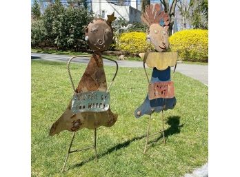 Pair Of Rustic Whimsical Lawn Sculptures From Recycled Metal