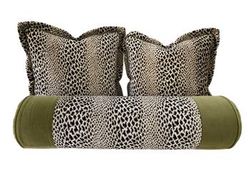 Set Of 3 Custom Luxurious Velour Animal Print Pillows With Chartreuse Green Accent