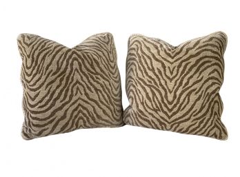 Pair Of Neutral Brown And Cream Zebra Print Accent Pillows