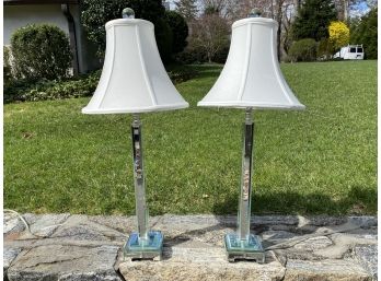 Pair Of Glass Art Deco Style Buffet Lamps With White Fabric Paneled Bell Shades