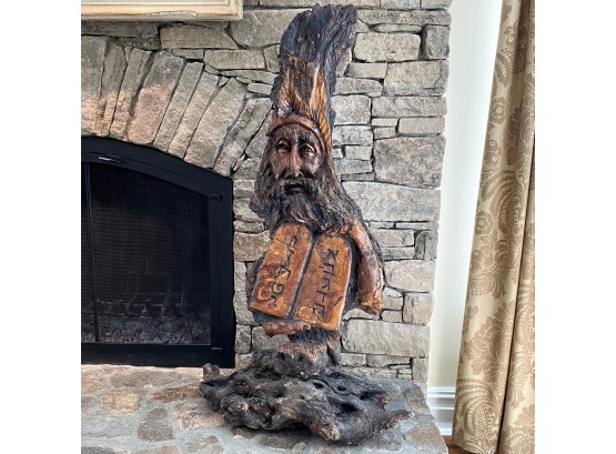 Very Large Carved Wooden Sculpture Of Moses Artist Signed, Ezra