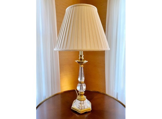 Lucite Table Lamp With Matte Gold Detail And A Pleated Fabric Shade
