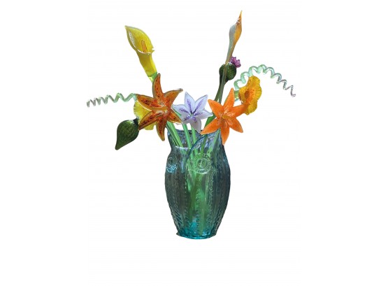 Large Colorful Blown Glass Floral Arrangement With Owl Design Vase - 11 Stems