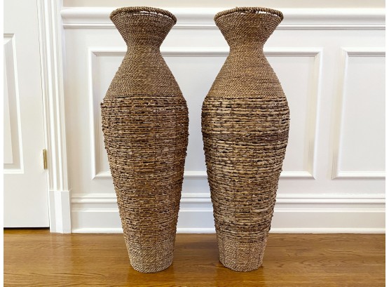 Pair Of Tall Woven Twig Floor Vases