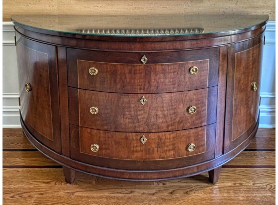 Henredon Mahogany Half Drum Style Glass Top Buffet With Decorative Inlay And Antique Brass Hardware