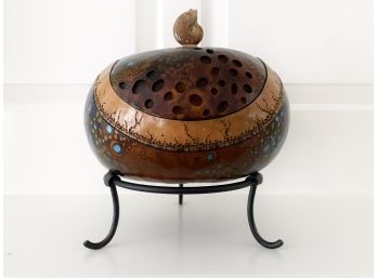 Freeform Hand Carved Ornamental Wooden Bowl With Lid And Metal Stand