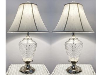 Pair Of Vintage Inspired Textured Glass Table Lamps With A Paneled Bell Shade And Chrome Base