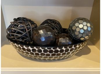 Dark Curly Willow And Ornamental Wood Display Balls And Bowl