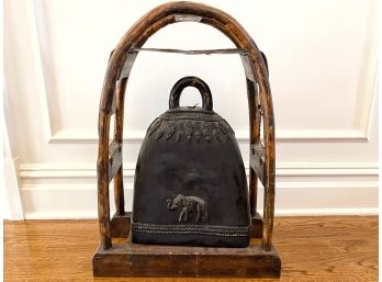 Very Large Antique Iron Tribal Elephant Bell On Bamboo/wood/deerskin Stand