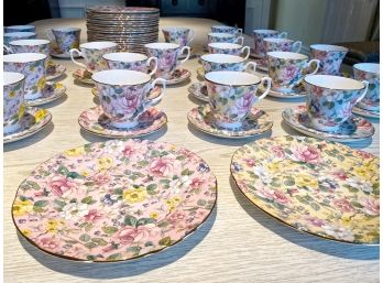 Huge Bundle Of Chelsea Garden Floral Gold Trimmed English China Cups, Saucers And Dessert Plates
