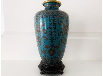 Chinese Cloisonne Vase On Wood Base