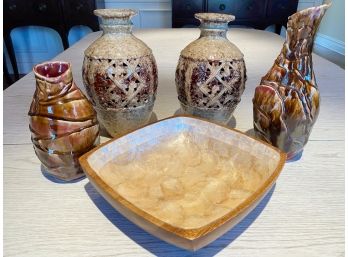 Bundle Of Glazed Ceramic Vases And Ornamental Bowl With Shell Inlay