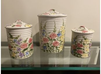 Set Of 3 Floral Painted Ceramic Canisters