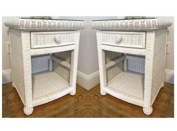 Pair Of White Wicker Single Drawer Glass Top Bedside Tables
