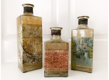 Set Of 3 Ornamental Glass Bottles With An Antique Design Finish