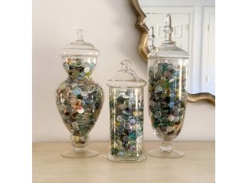 Trio Of Glass Hurricane Canisters With Colored Glass Stones