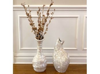 Pair Of White Abolone Vases With Silk Sprig