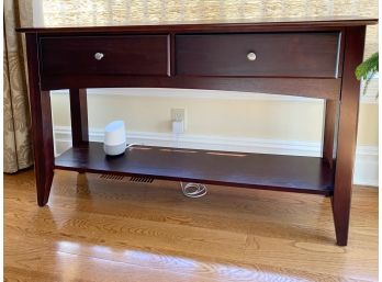 Pretty Dark Cherry Finish Console Table With Brushed Chrome Pulls