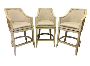 Set Of 3 FRONTGATE Swivel Barrel Back Counter Chairs With Linen Upholstered Seats And Woven Rattan Backing