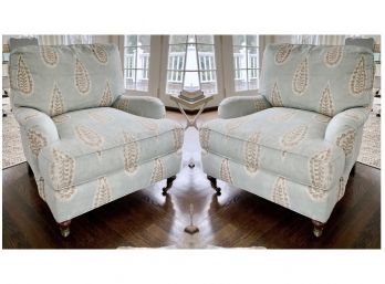 Pair Of Southwood Club Chairs With Ikat Medallion Print And Matching Ottoman