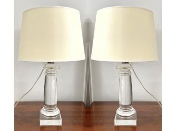 Pair Of Clear Column Style Lamps With Paper Shades