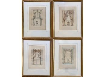 Set Of 4 French King Louis Motif Pen And Ink Framed Prints
