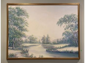 Landscape Painting On Canvas With Gold Leaf Frame, Signed Earl Collins