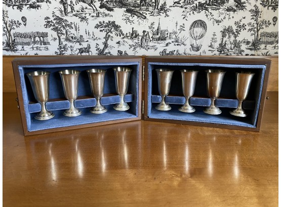 Set Of 8 Tuttle Sterling Silver Pedestal Cordial Glasses And Velvet Lined Wood Box