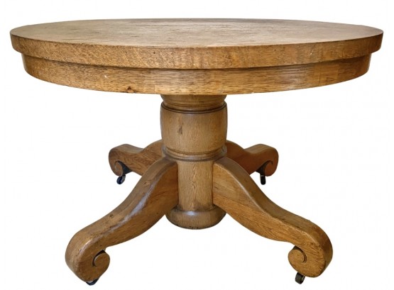 Solid Hardwood Antique Pedestal Dining Table With Curled Legs And Casters