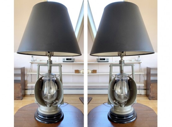 Pair Of Vintage Dietz Acme Inspector Lantern Converted Table Lamps With Black Paper Shades