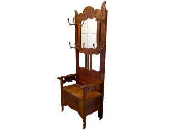 Antique Hall Tree Entryway Coat Stand/bench With Storage And Mirror