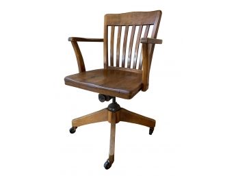 Antique Early American Sturdy Oak Adjustable Rolling Banker's Chair