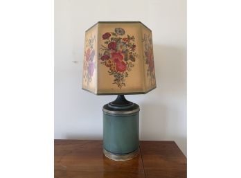 Painted Tin Canister Lamp And Floral Motif Paneled Parchment Shade