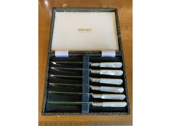 Vintage Kirk & Matz Genuine Pearl Handle Stainless Steak Knives And Decorative Embossed Case Sheffield England