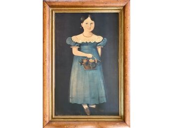 Primitive Framed Folk Art, Portrait Of A Girl