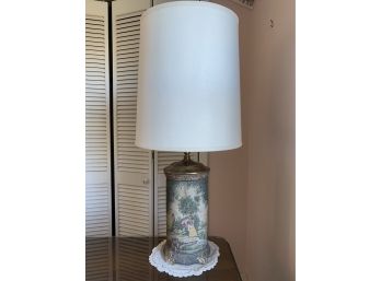 Vintage Tapestry Toile Motif Covered Canister Lamp With Cream Fabric Shade