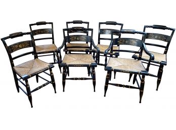 Set Of 7 Hitchcock Black And Gold Dining Chairs With Rush Seat
