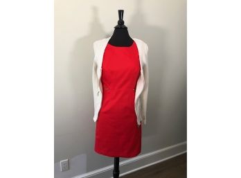 Calvin Klein Red Sheath Paired With A Cotton Blend Zip Cardigan With Leather Trim - Sz 8