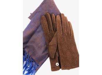 Iridescent Blue/brown Indian Silk Scarf And Argentinian Suede Gloves - Sz 7.5