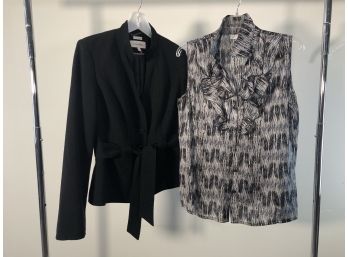 Calvin Klein Belted Jacket Paired With Silky Tahari Blouse - Sz 4