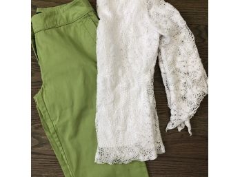 Green Cotton Slacks And Lacey White Blouse - Sz 4