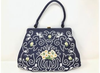 Gorgeous Vintage Blue Linen Beaded Handbag By Soure Bag New York