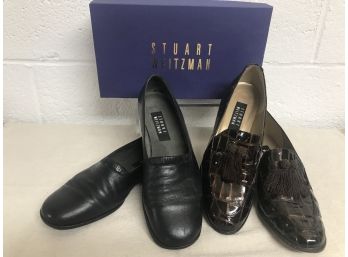 Stuart Weitzman Duo - Brown Tassel Croc 8.5 B & Black Leather Flats 8M