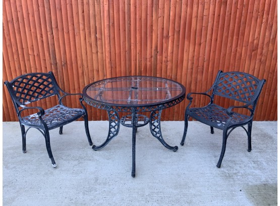 Aluminum & Glass Round Table & Two Arm Chairs