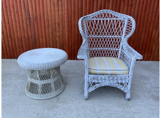 Vintage Wicker Chair & Small Round Wicker Table.