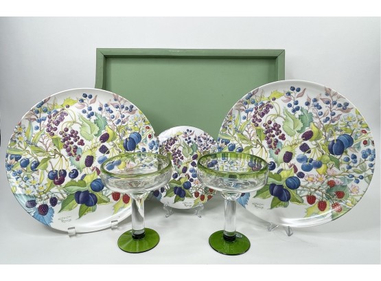 Green Tray With 2 RDE Imports Plates, 1 Trivet And 2 Marg Glasses