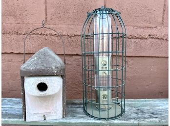 Unique Cement Birdhouse By Schwegler & Wire Feeder