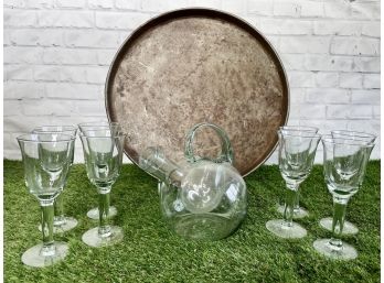 Large Round Metal Tray With Glass (green Tint) Wine Carafe (ice Holder) And 8 Glasses