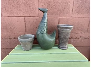 Two Ceramic Pots And A Ceramic Bird