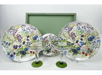 Green Tray With 2 RDE Imports Plates, 1 Trivet And 2 Marg Glasses